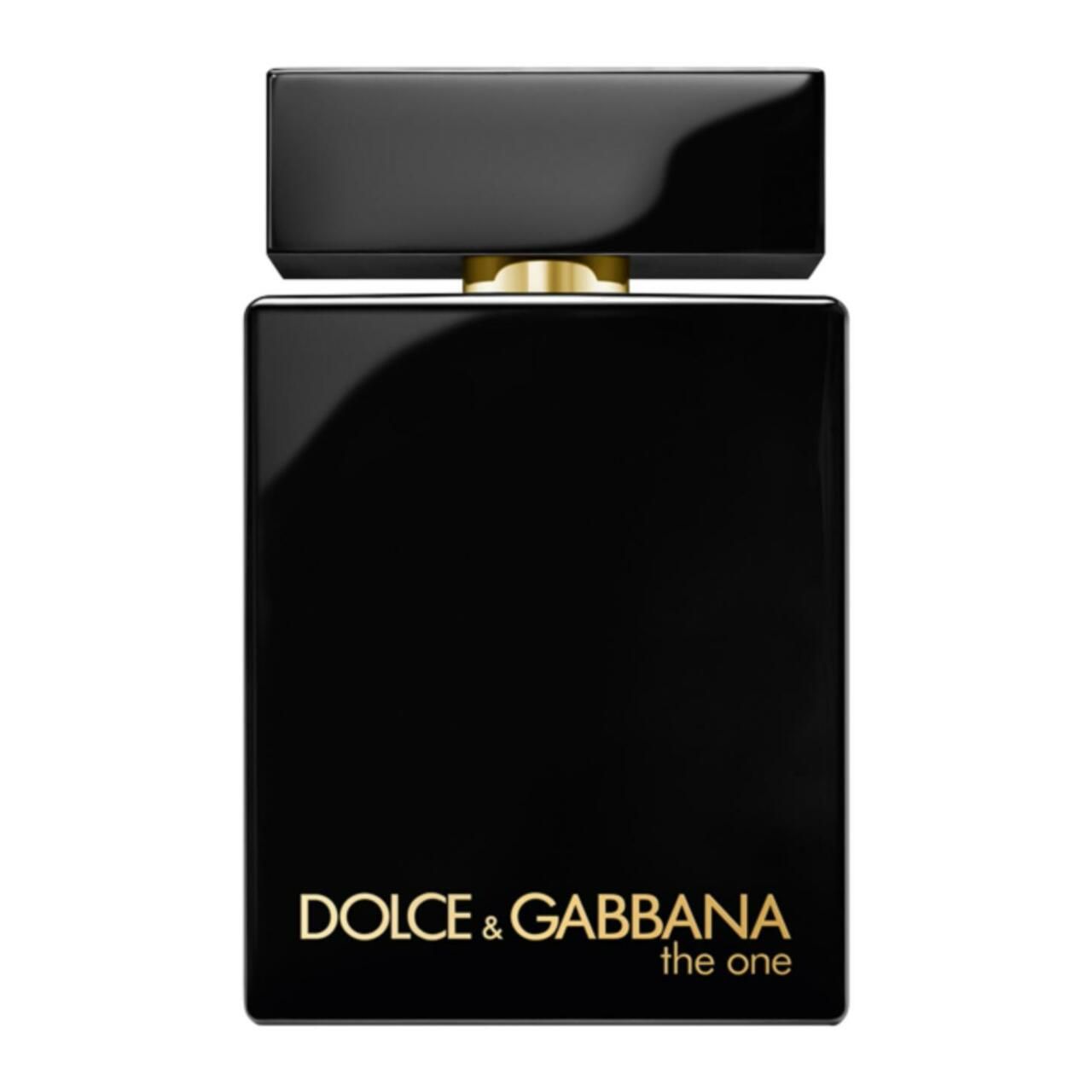 Zwarte flacon. Gouden tekst: Dolce & Gabbana The One. Voor mannen. Eau de Parfum Intense.