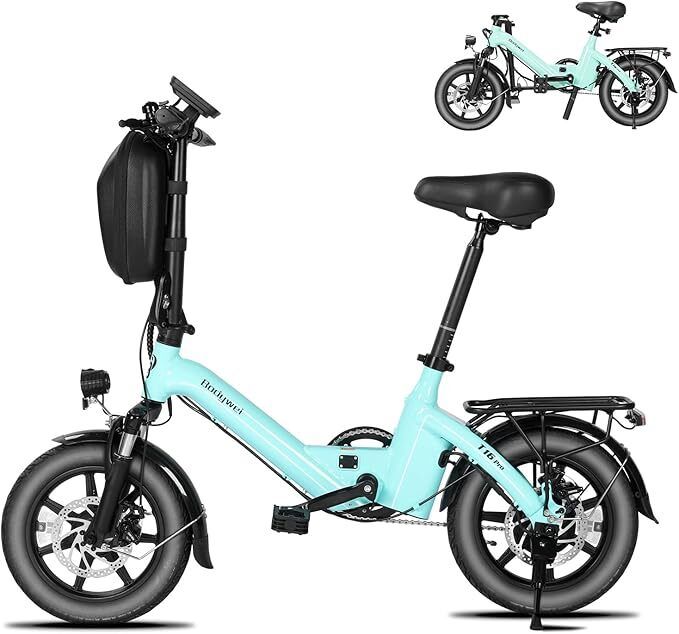 Lichtblauwe, opvouwbare elektrische fiets. Zwarte banden, zadel en details. Achterdrager. Schijfremmen. Bodywel-logo. Tweede weergave rechtsboven.