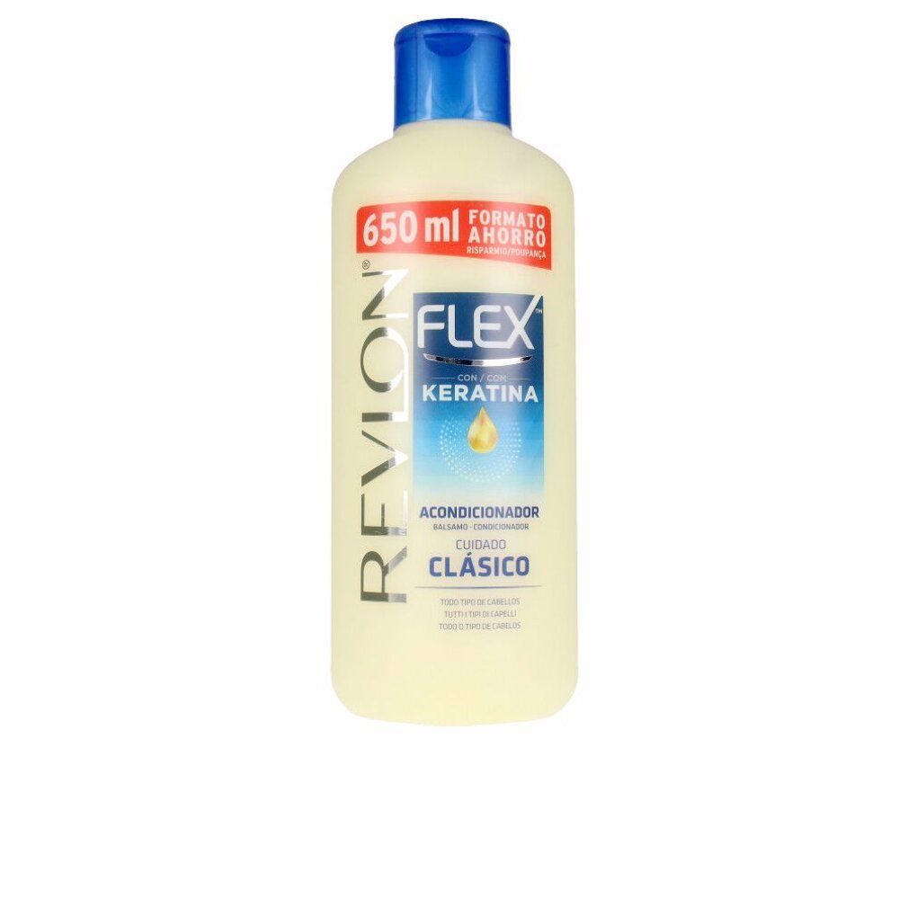 Flacon beige à bouchon bleu. Inscriptions: Revlon, Flex Keratin, Acondicionador, Cuidado Clásico. 650 ml.