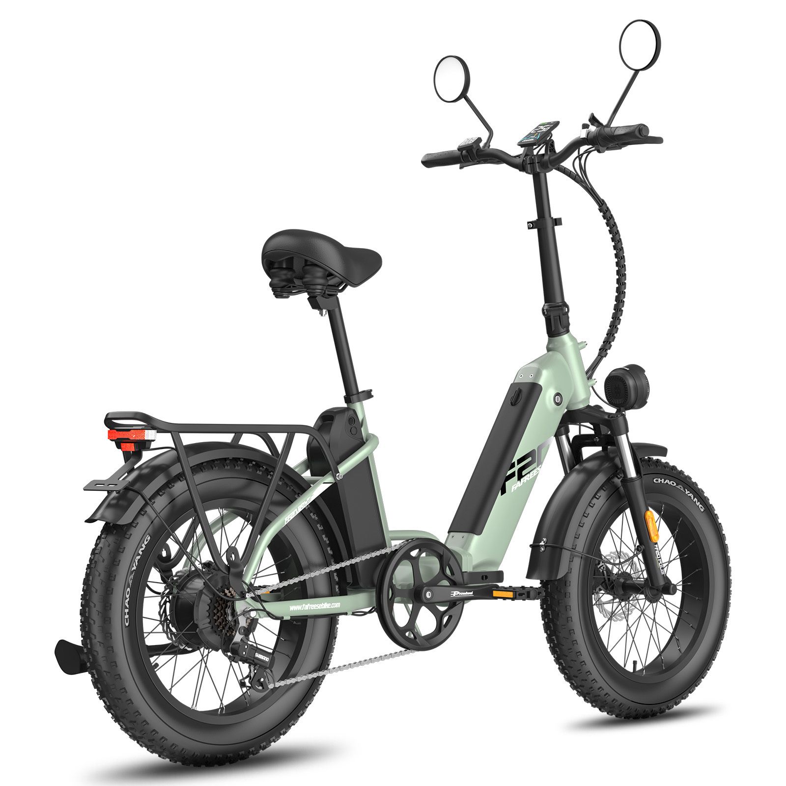 Vélo électrique vert clair avec pneus noirs et porte-bagages. Visible : logo F2, phare, selle et guidon.