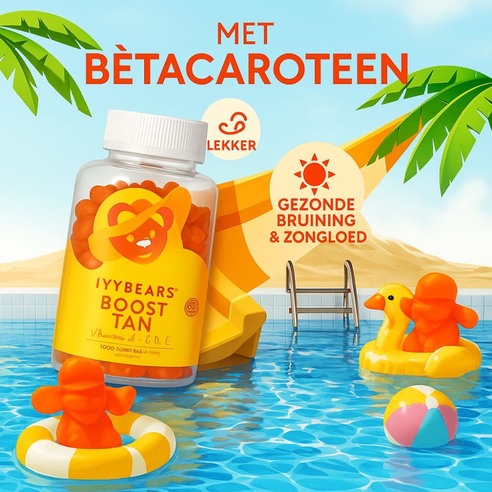 IvyBears Boost Tan gummies-fles bij het zwembad. Met bèta-caroteen. Zwemband en palmboom op de achtergrond.