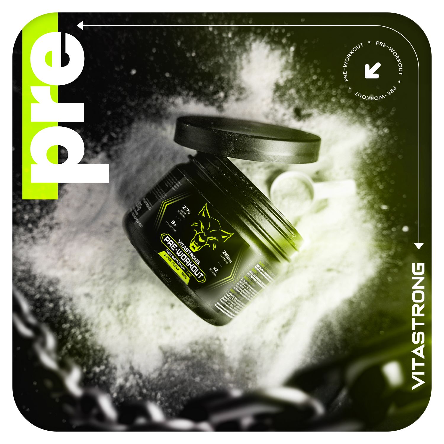 Vitastrong Pre-Workout pot. Pot geopend, poeder zichtbaar. Tekst: pre, Vitastrong.