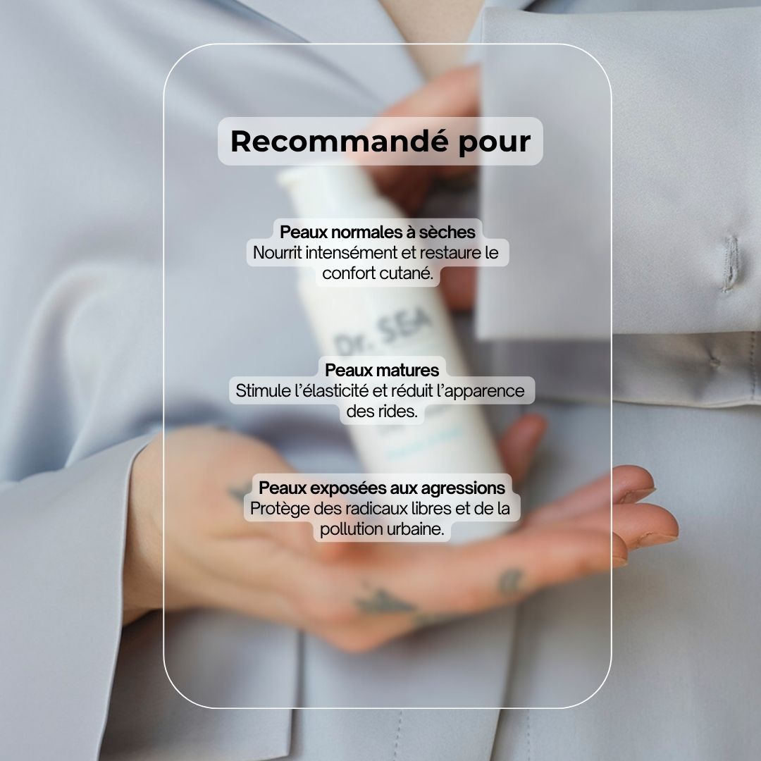 Flacon blanc avec pompe. Inscription : Dr. SEA, Prebiotic Hydrating Day Cream. Texte et icônes avec avantages.