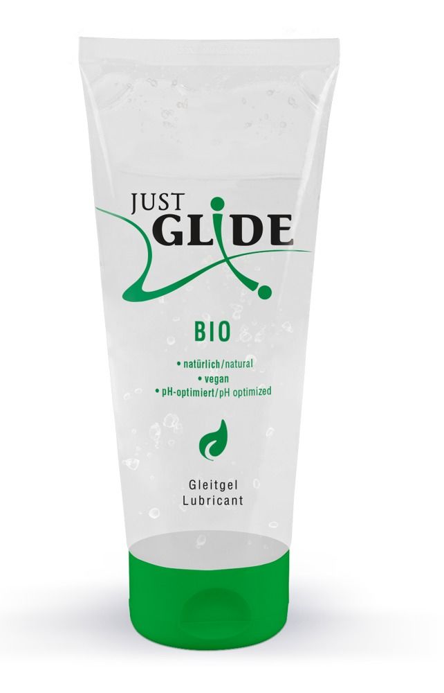 Tube avec bouchon vert. Nom du produit : Just Glide *Bio*. Texte : naturel/natural, vegan, pH-optimisé/pH optimized.