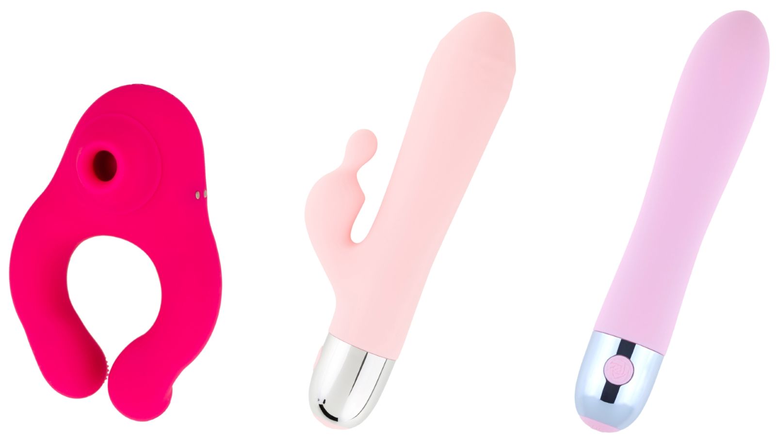 Trois jouets sexuels. Anneau, vibrateur avec tête et vibrateur avec bouton. Rose.