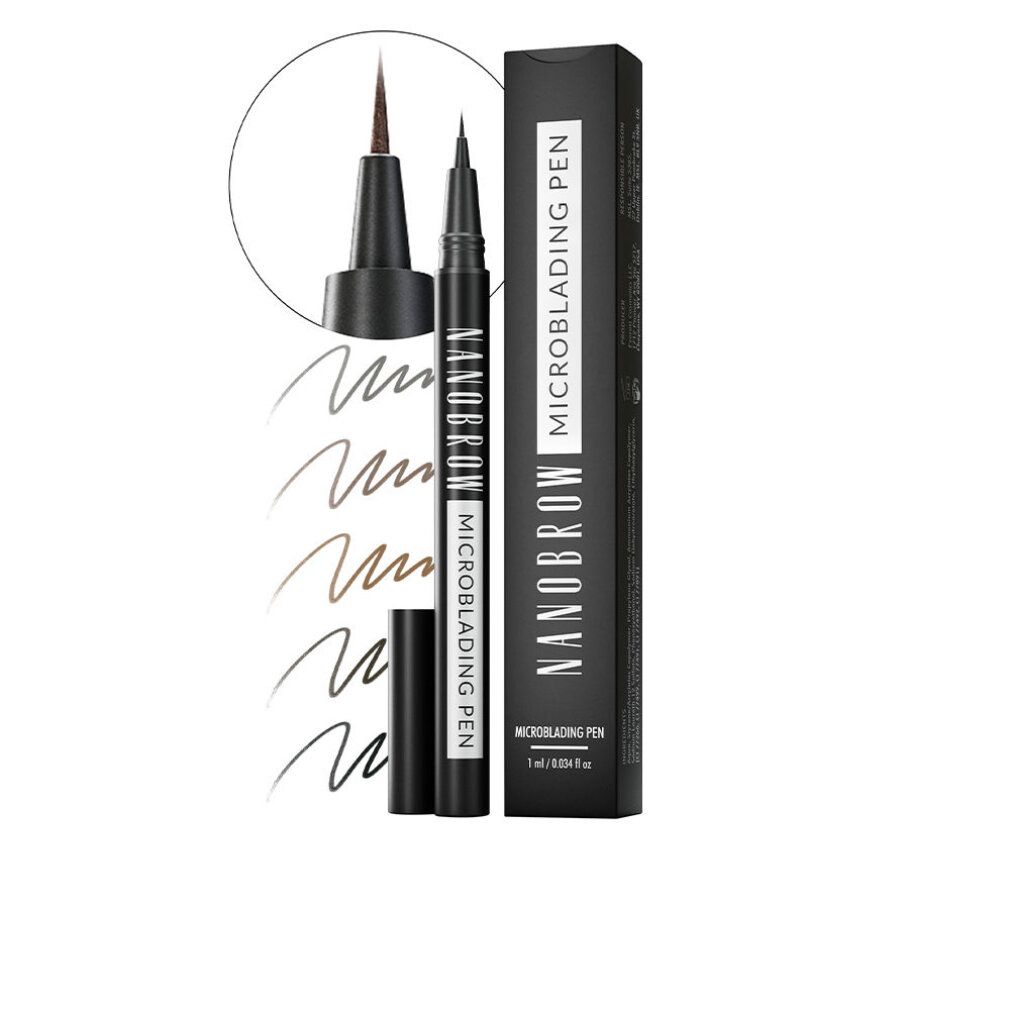 Pen, verpakking en kleurstalen. Opschrift: Nanobrow Microblading Pen. Verschillende bruintinten.