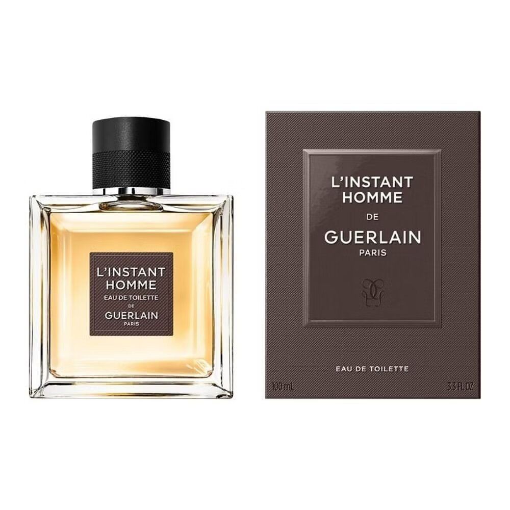 Fles en verpakking van Guerlain l'Instant Homme Eau de Toilette. Vierkante fles, bruine verpakking met logo.