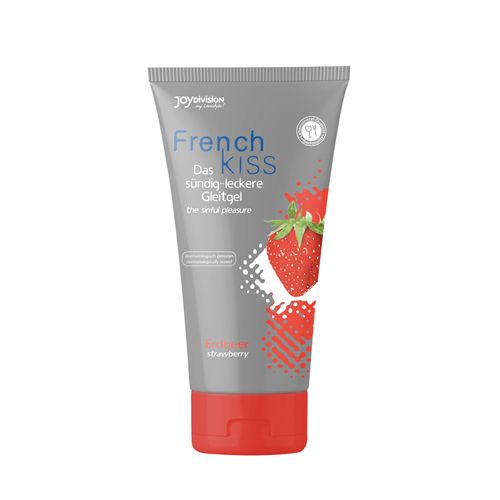 Tube gris avec bouchon rouge. Inscription: French Kiss, fraise. Illustration d'une fraise.