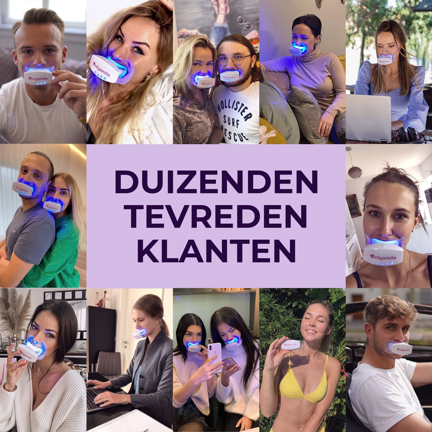 Collage van mensen met LED-licht in de mond. Tekst: Duizenden tevreden klanten.