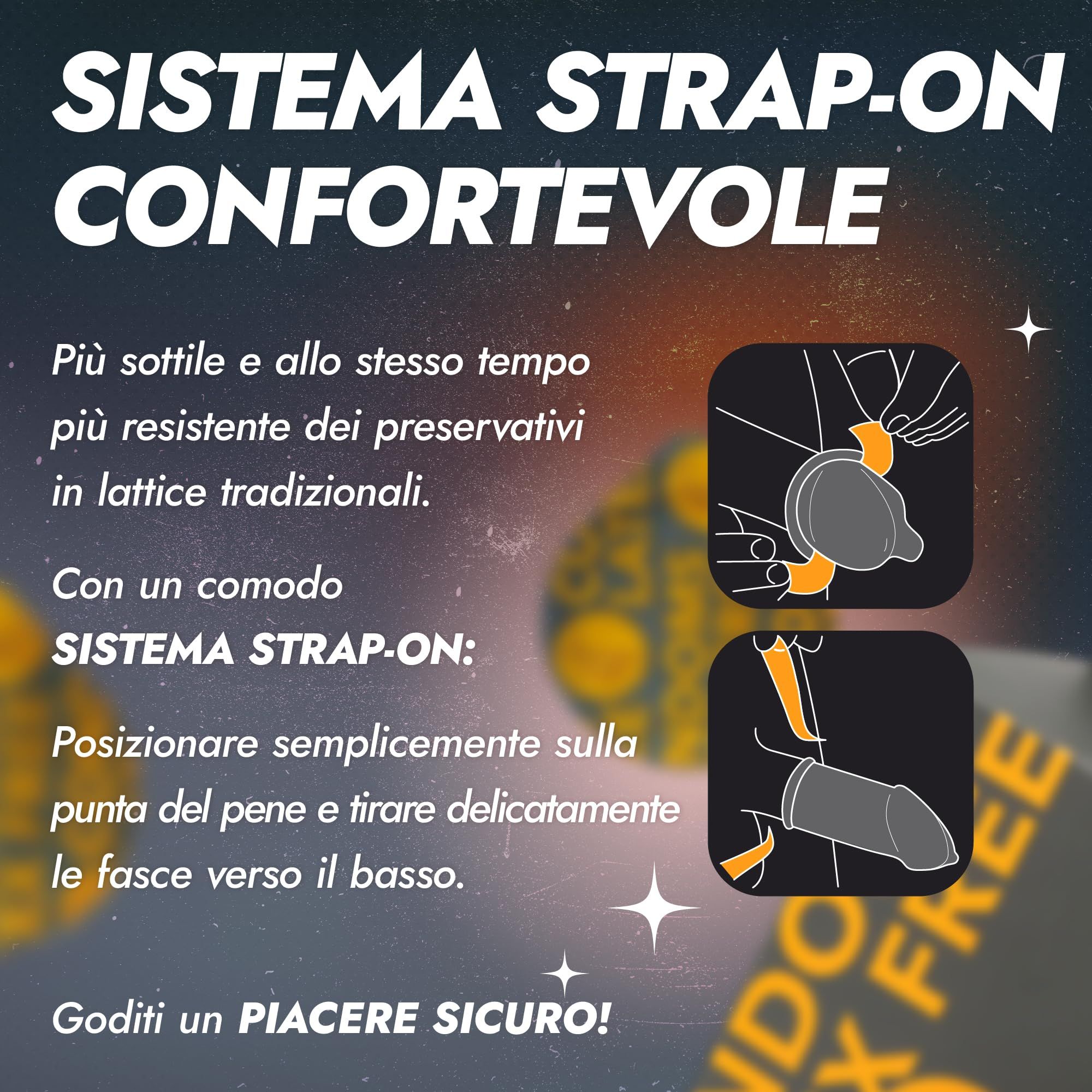 Préservatifs sans latex avec système Strap-On confortable. Plus fins et résistants que le latex.