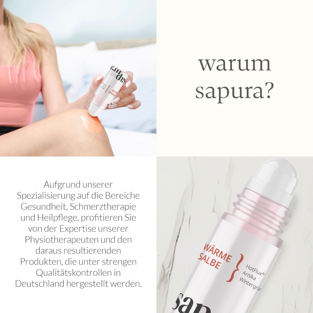 Productafbeelding en tekst. Opschrift: WÄRME SALBE, sapura. Tekst: Waarom sapura? Gemaakt in Duitsland.