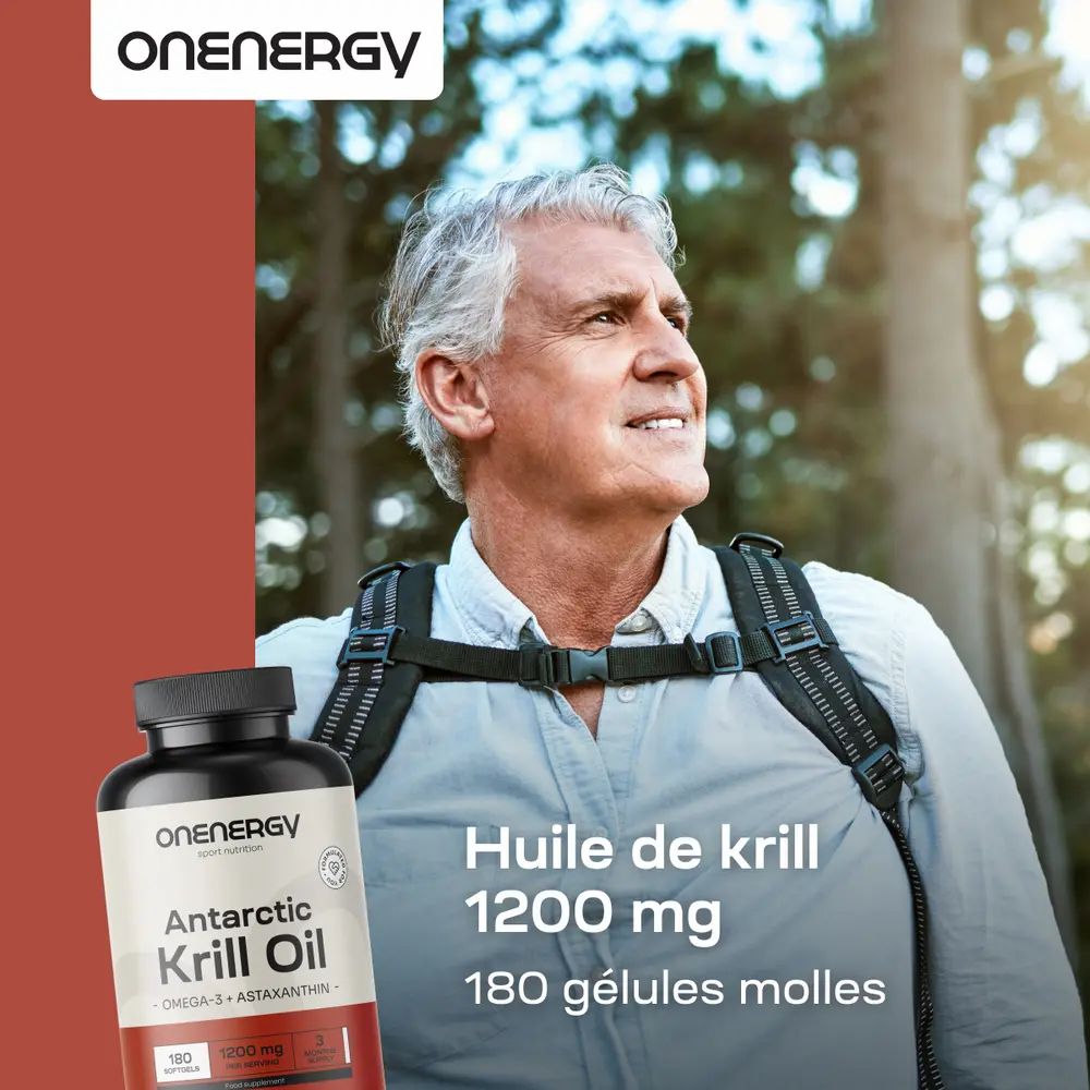 Homme avec sac à dos. Flacon avec gélules. Texte : Huile de krill 1200 mg, 180 gélules molles. Logo OnEnergy.