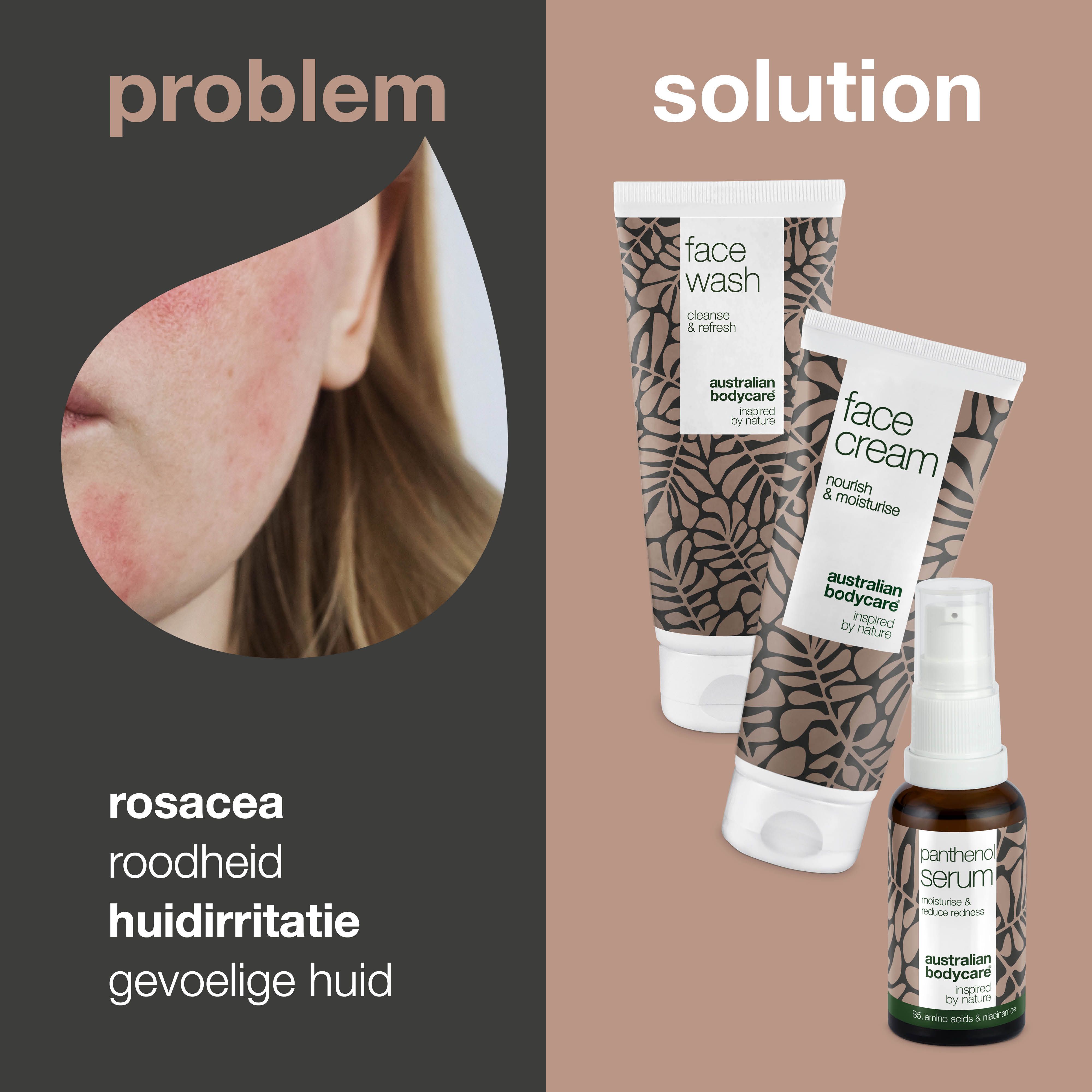 Drie producten: Face Wash, Face Cream en serum. Tekst: Kalmeert, hydrateert, reinigt. Merk: Australian Bodycare.