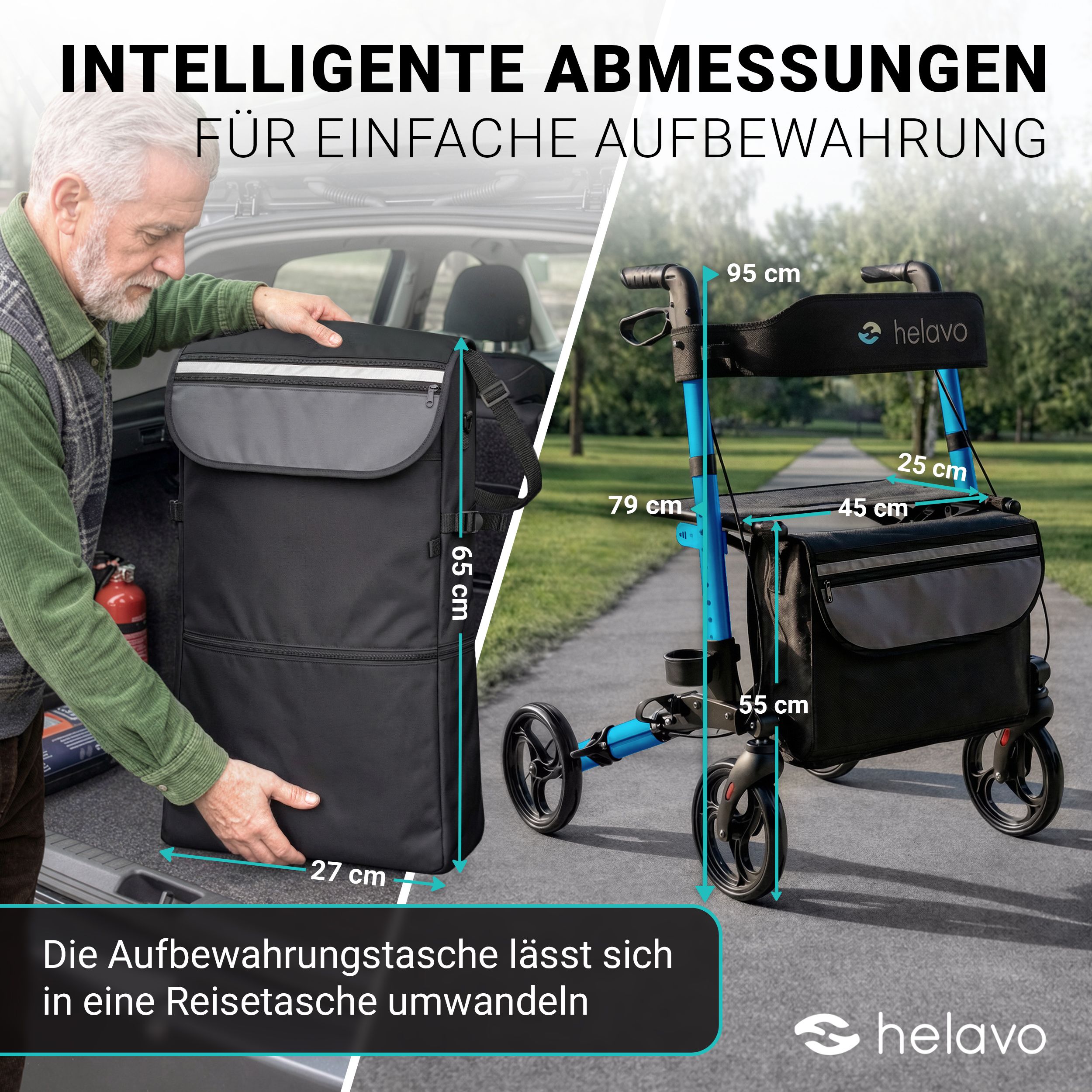 Sac de rangement de rollator transformable en sac de voyage, dimensions 65x27 cm.