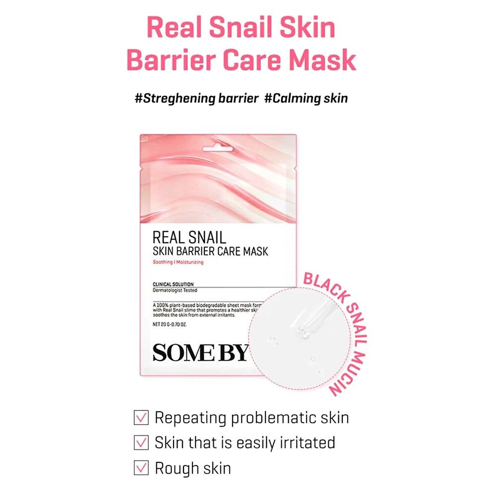 Masque SOMEBYMI Real Snail Skin Barrier Care avec texte sur le renforcement de la barrière cutanée et l'apaisement.