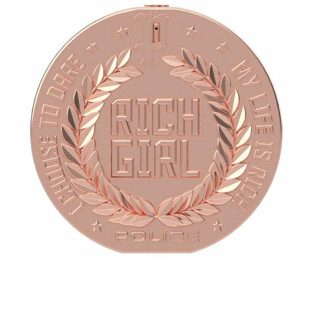 Ronde flacon met opschrift RICH GIRL. Roségouden design met lauwerkrans en sterren. Merk: POLICE.