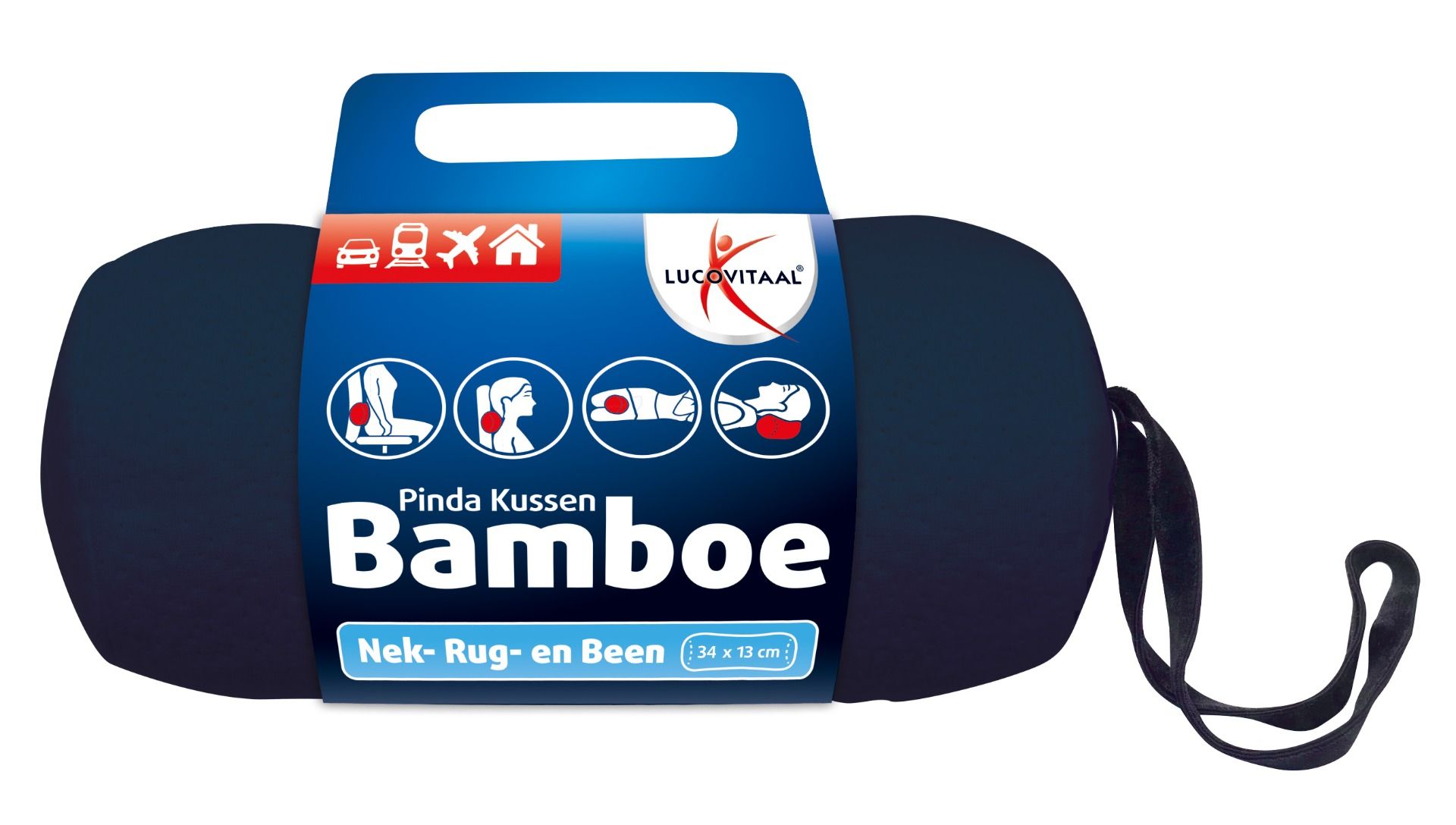 Blauw bamboe kussen met draaglus. Verpakking met productnaam en logo. Illustraties tonen toepassingen.