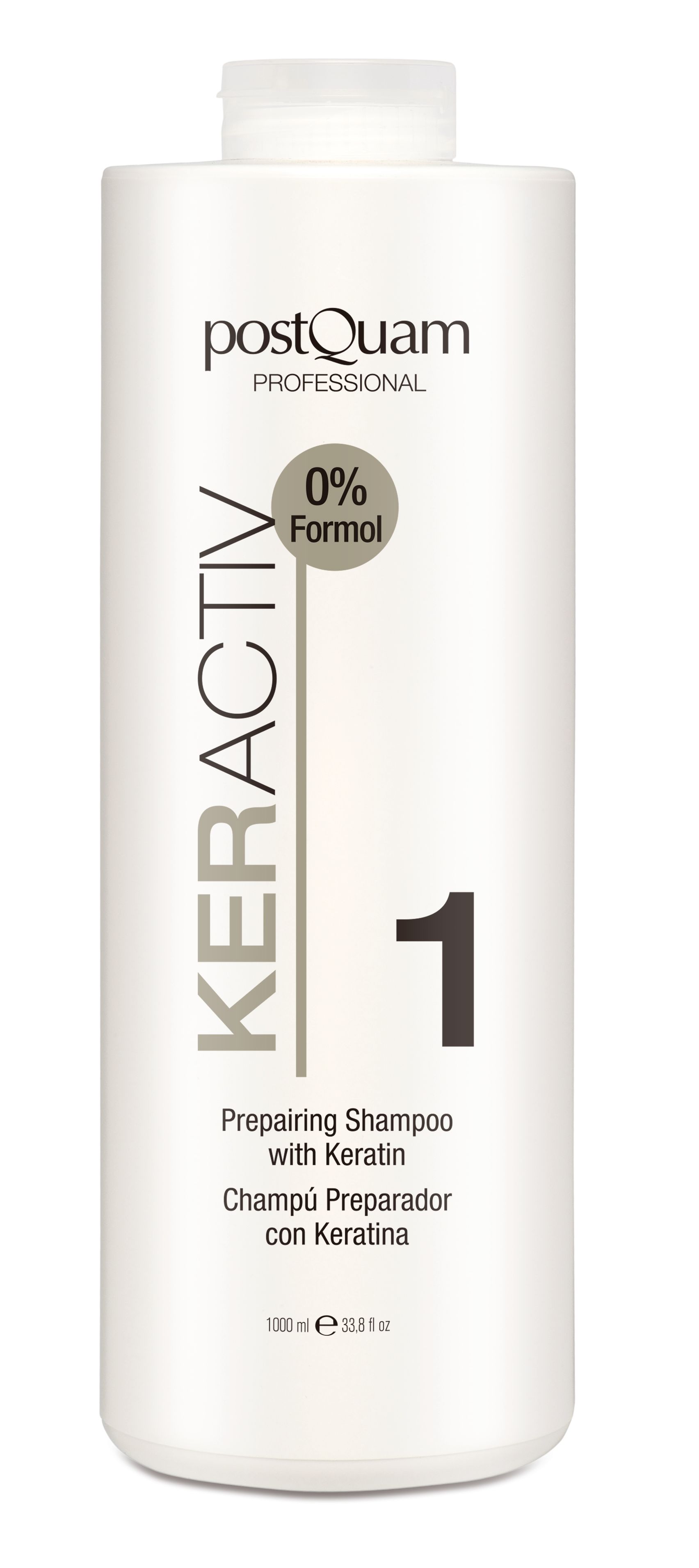 Flacon blanc de shampooing. Inscription: Keractiv, 0% Formol, Preparing Shampoo with Keratin. 1000 ml.