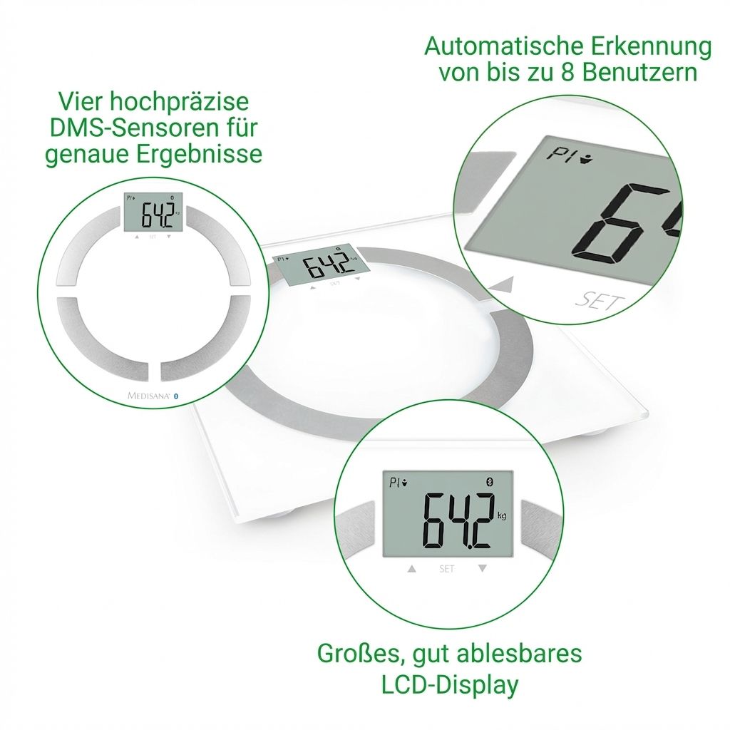 Witte lichaamsanalyseweegschaal met vier sensoren, LCD-display en smartphoneverbinding.
