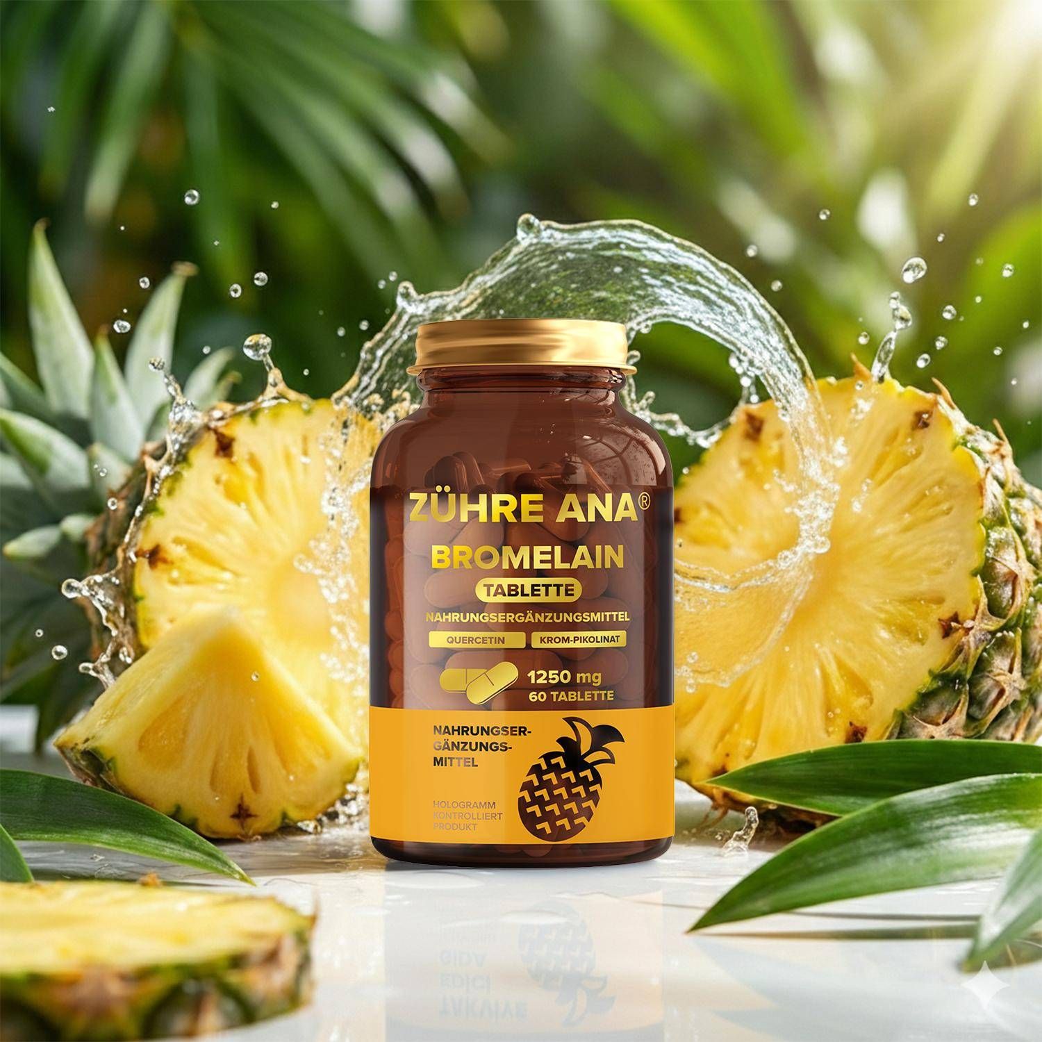 Gélules Zühre Ana Bromélaïne : Flacon au milieu d'éclaboussures d'eau et de morceaux d'ananas.
