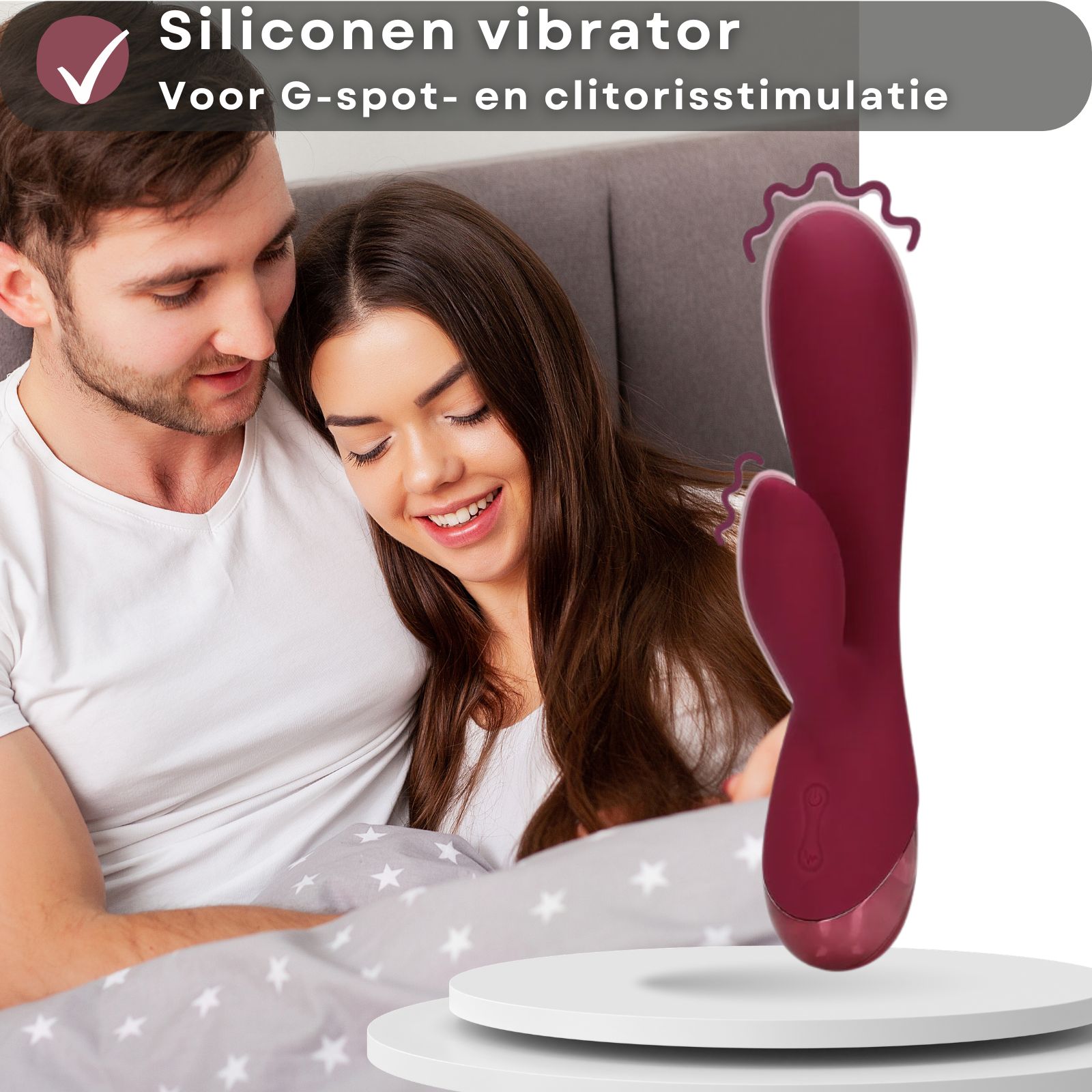 Rode siliconen vibrator. Tekst: G-spot en clitoris stimulatie.