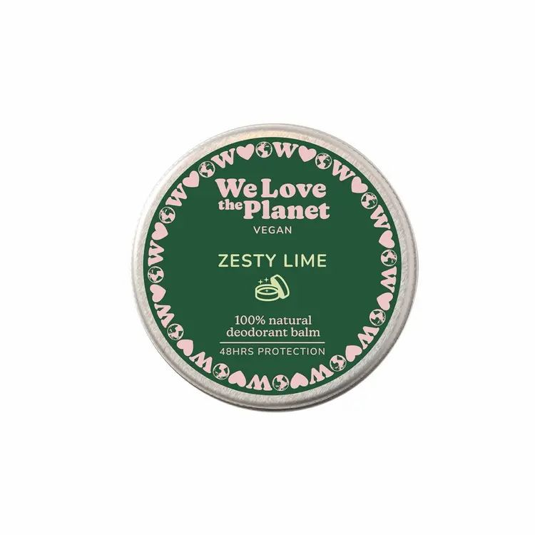 Ronde pot met groen deksel. Opschrift: We Love the Planet, Zesty Lime, vegan, 100% natuurlijke deodorantbalsem, 48 uur bescherming.
