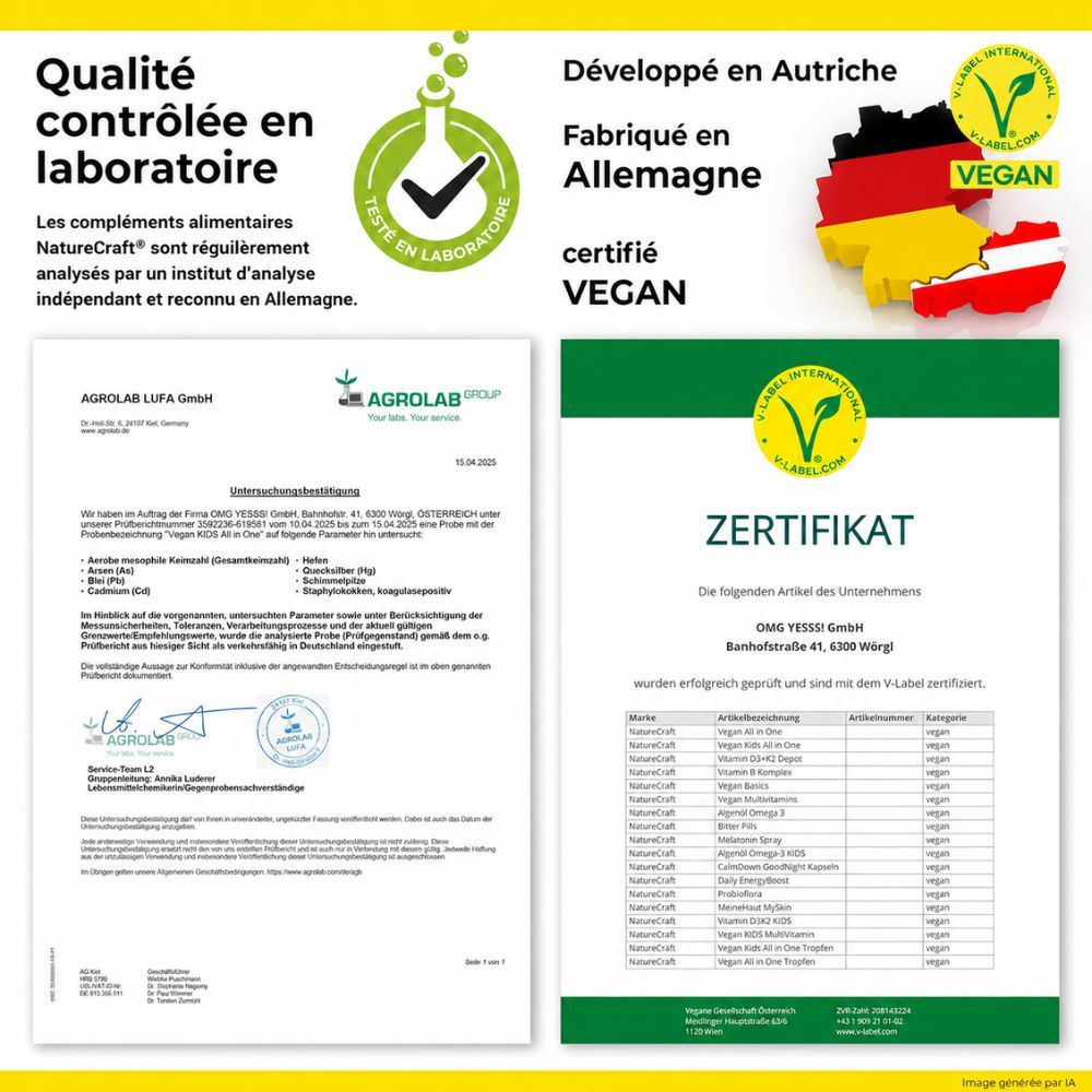 Certificats et labels pour NatureCraft Vegan Kids All-in-One.