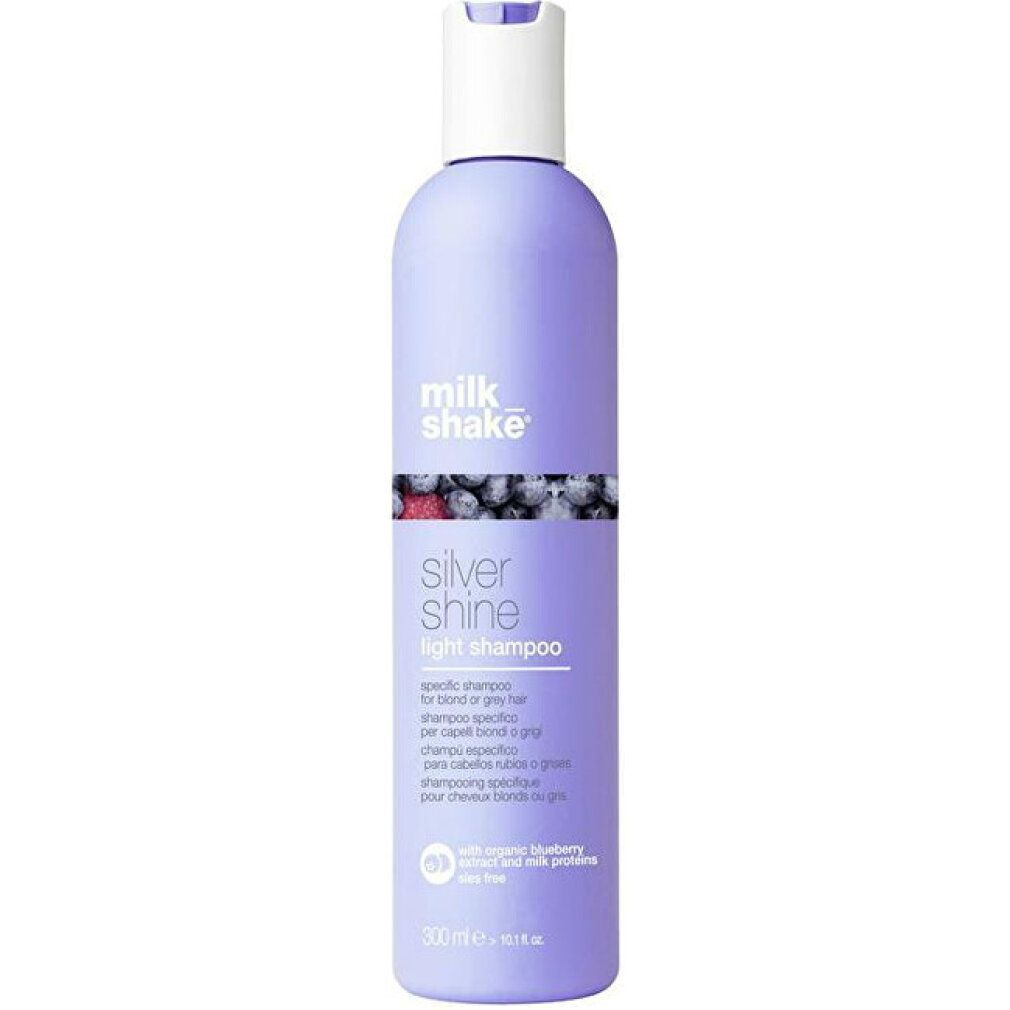 Shampoing Milk Shake Silver Shine Light, 300ml, dans une bouteille lavande avec un bouchon blanc.