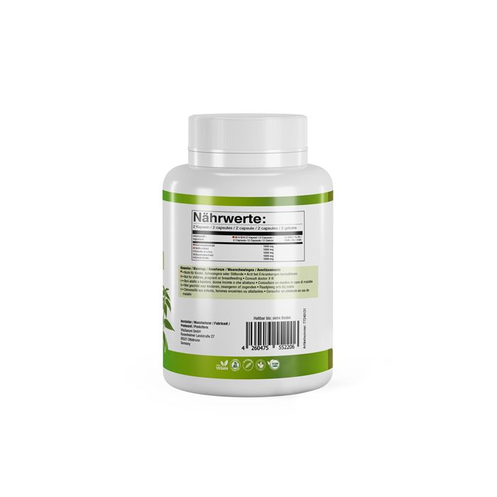 Flacon blanc avec étiquette verte. Inscriptions : Valeurs nutritionnelles. Contient des informations sur les ingrédients et les valeurs nutritionnelles.