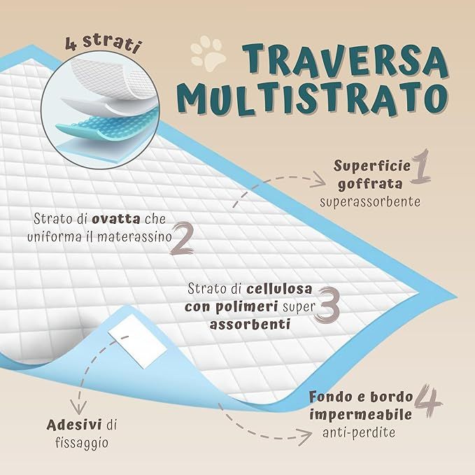 Coupe transversale d'un coussinet pour chien. 4 couches: surface absorbante, ouate, cellulose avec polymères, fond et bord imperméables. Bandes adhésives.