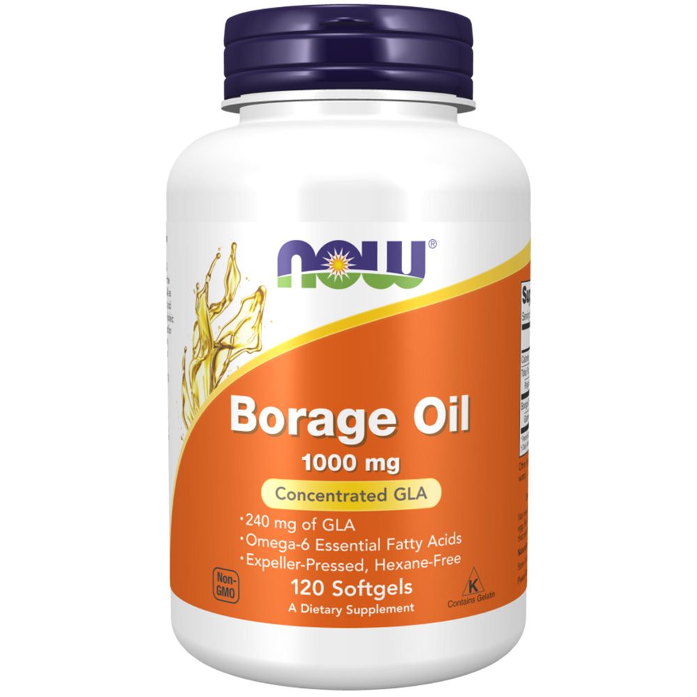 NOW Borage Oil 1000 mg, 120 Softgels. GLA concentré, acides gras oméga-6. Pressé par expulseur, sans hexane.