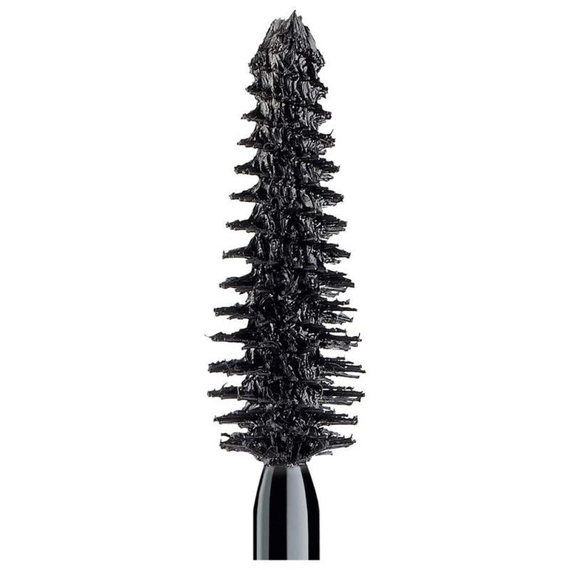 Close-up van een zwarte mascara borstel met dichte haren.