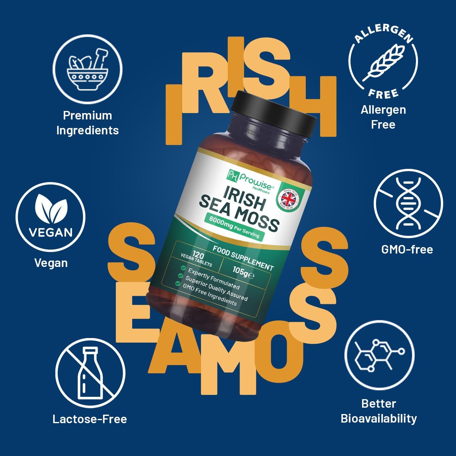 Fles Prowise Irish Sea Moss Tabletten. Opschrift: 120 veganistische tabletten, 105g. Logo's: Vegan, allergievrij, GMO-vrij, lactosevrij, betere biologische beschikbaarheid.