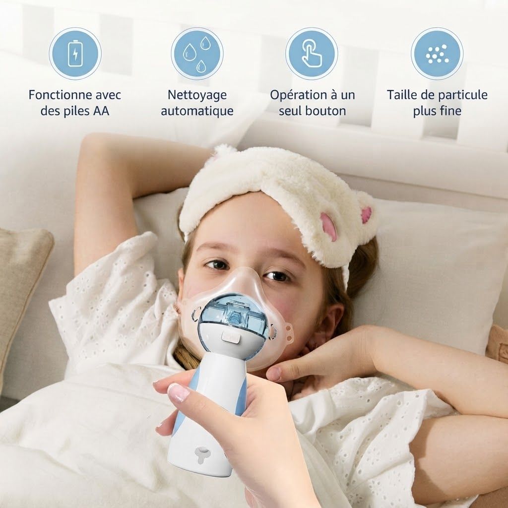 Un appareil d'inhalation portable avec masque pour un enfant. Couleurs blanc et bleu.