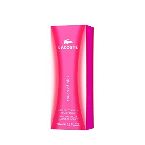 Roze verpakking van Lacoste Touch of Pink. Logo en tekst op de verpakking. Eau de Toilette.