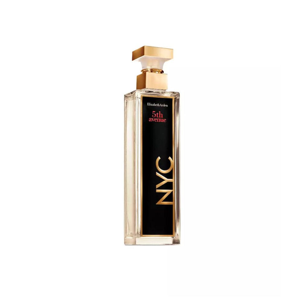 Rechthoekige fles met gouden dop. Zwart etiket met "5th avenue NYC" in goud en rood. Transparante inhoud.