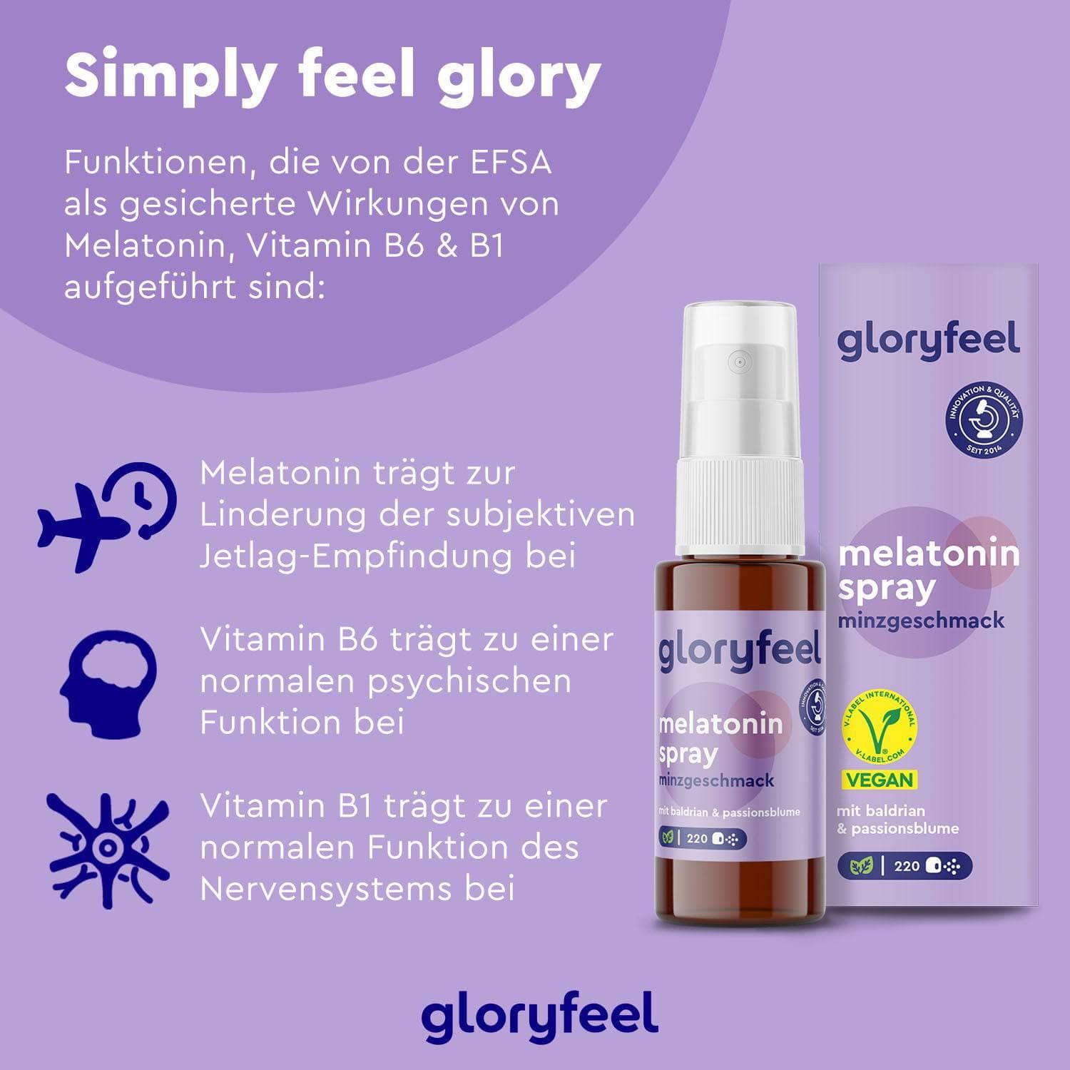 Product met verpakking en tekst: melatonine voor jetlag, vitamine B6 voor psychische functie, vitamine B1 voor zenuwstelsel.