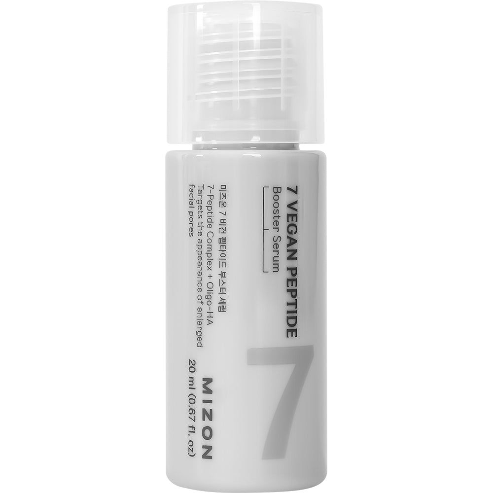 Witte fles met productnaam en logo. Tekst: 7 VEGAN PEPTIDE Booster Serum. Volume: 20 ml. Merk: MIZON. Met doseerkop.