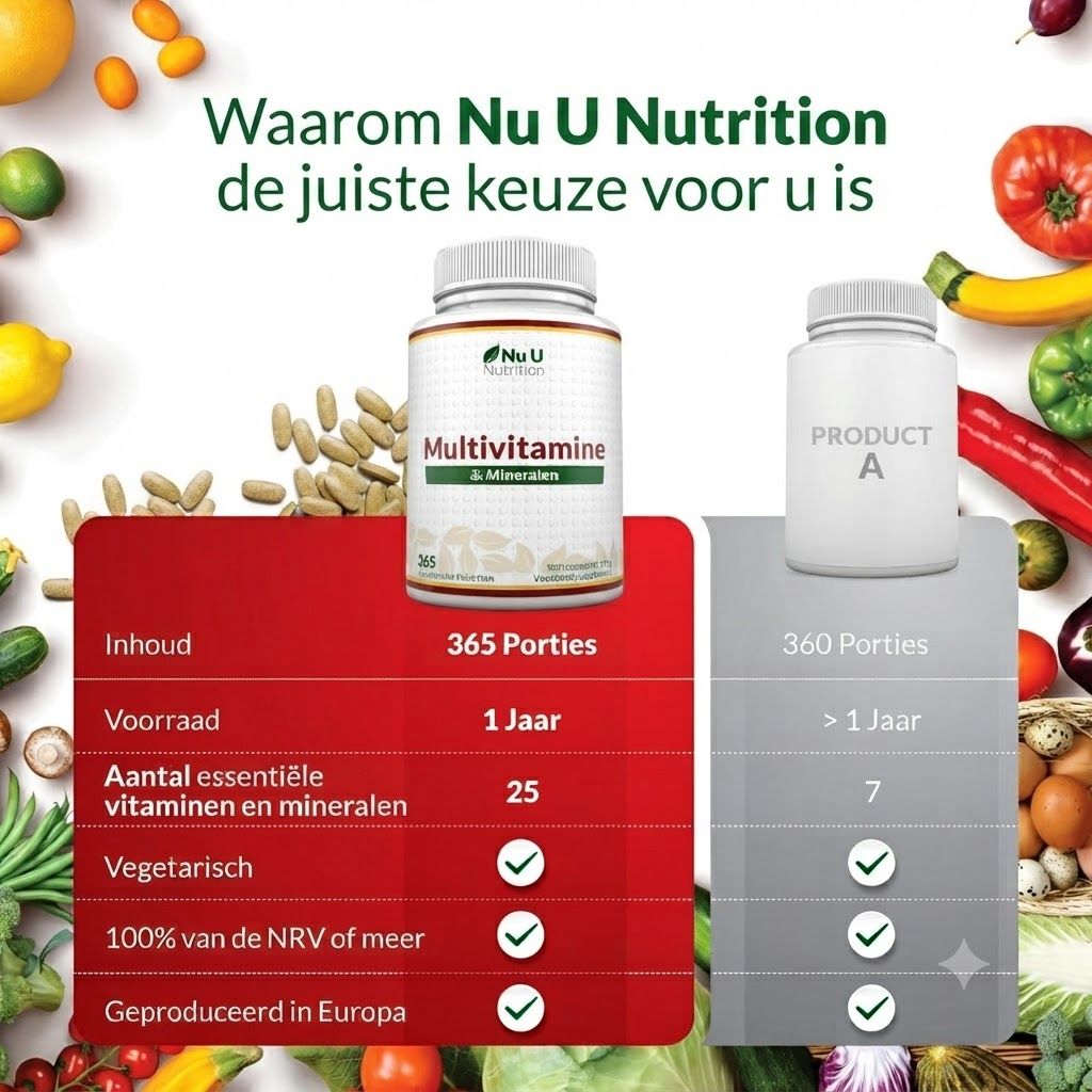Multivitaminefles met 365 porties naast een witte fles 'PRODUCT A' met 360 porties.