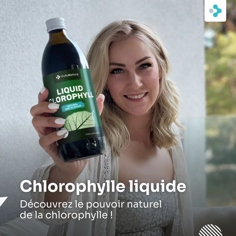 Femme tenant une bouteille de "Liquid Chlorophyll". Inscription "Chlorophylle liquide".