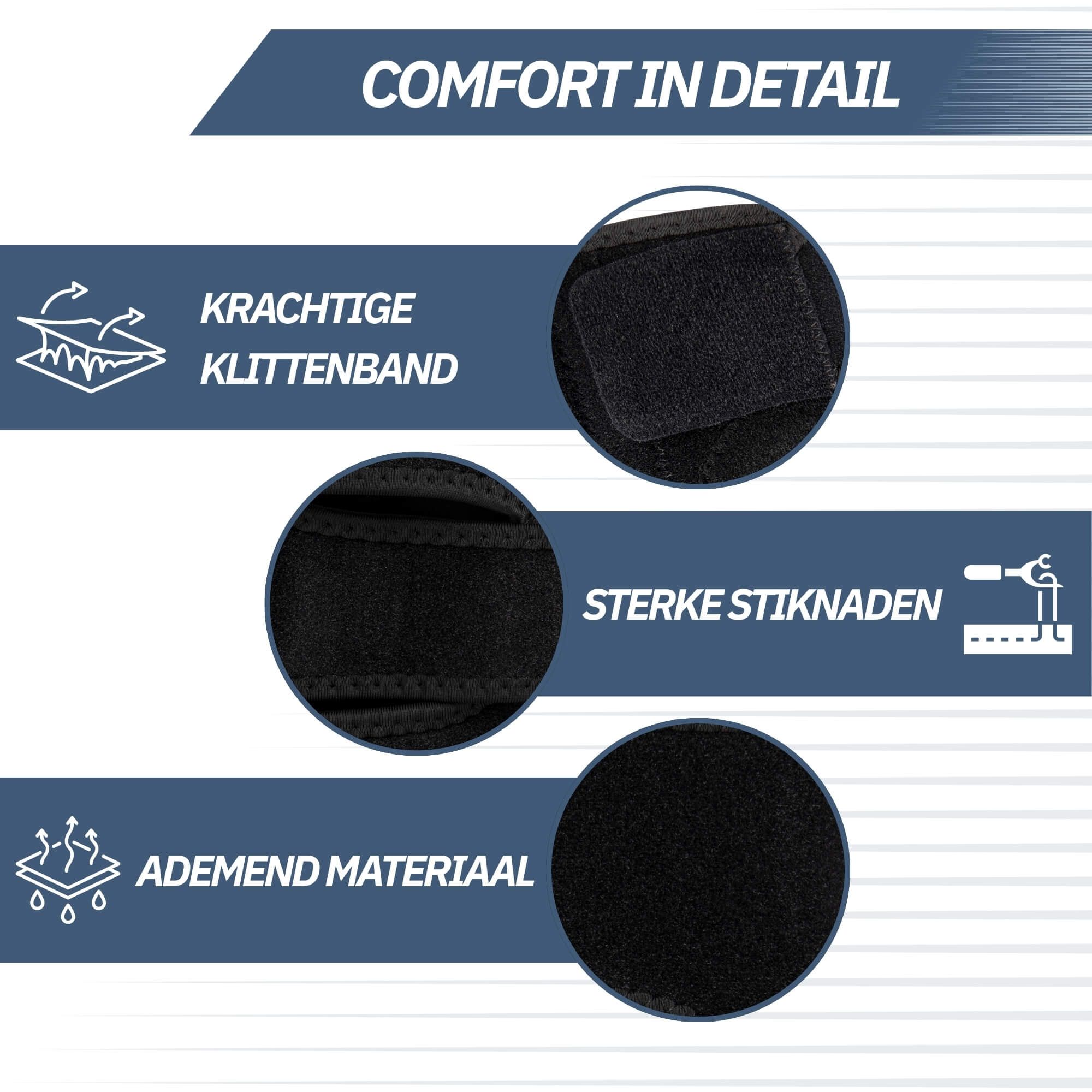 Zwart knieband met klittenbandsluiting en verstevigde naden. Ademend materiaal.