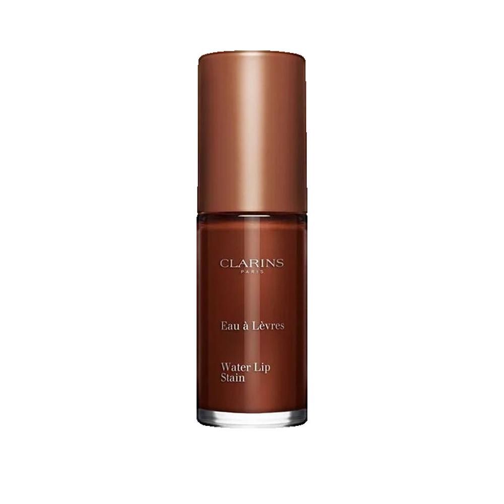 Clarins Water Lip Stain brun rougeâtre avec capuchon doré. Flacon transparent montrant la couleur.