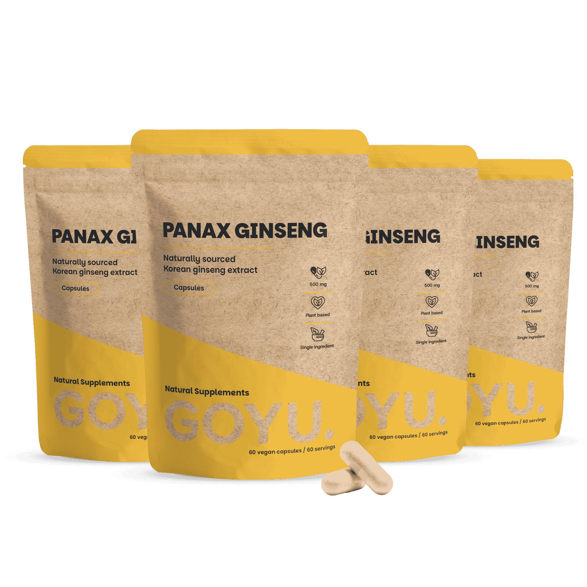 Vier bruine zakjes met Panax Ginseng capsules, twee capsules vooraan.