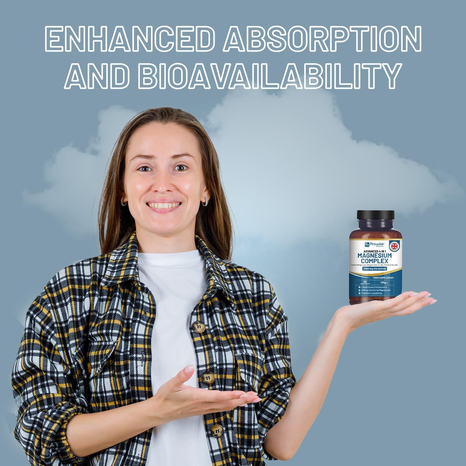 Vrouw houdt een fles Magnesium Complex vast. Achtergrond: lichtblauw. Opschrift: Enhanced Absorption and Bioavailability.