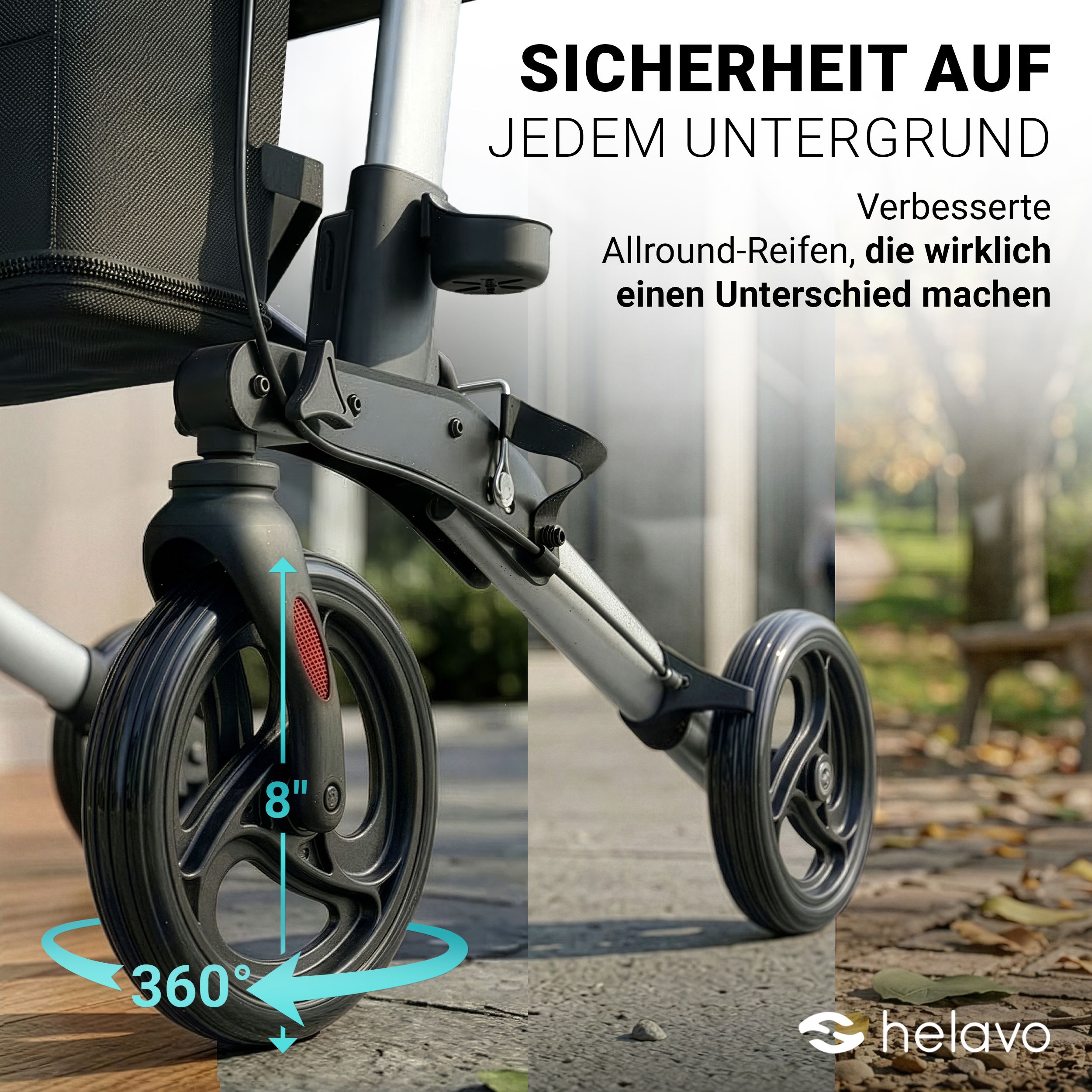 Gros plan de la roue d'un rollator de 8 pouces, rotation à 360 degrés.