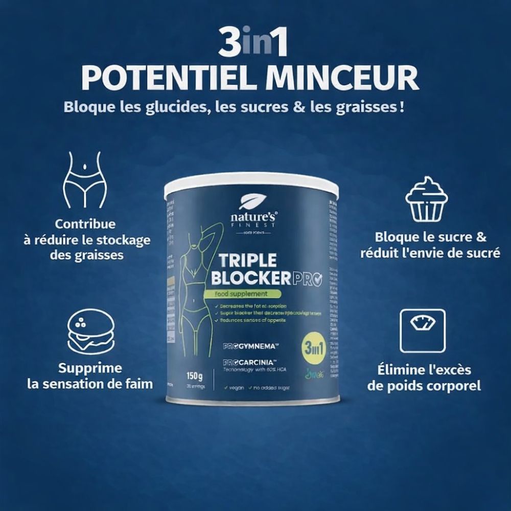 Boîte Nature's Finest Triple Blocker PRO. Complément minceur 3-en-1. 150 g. Avec des icônes.