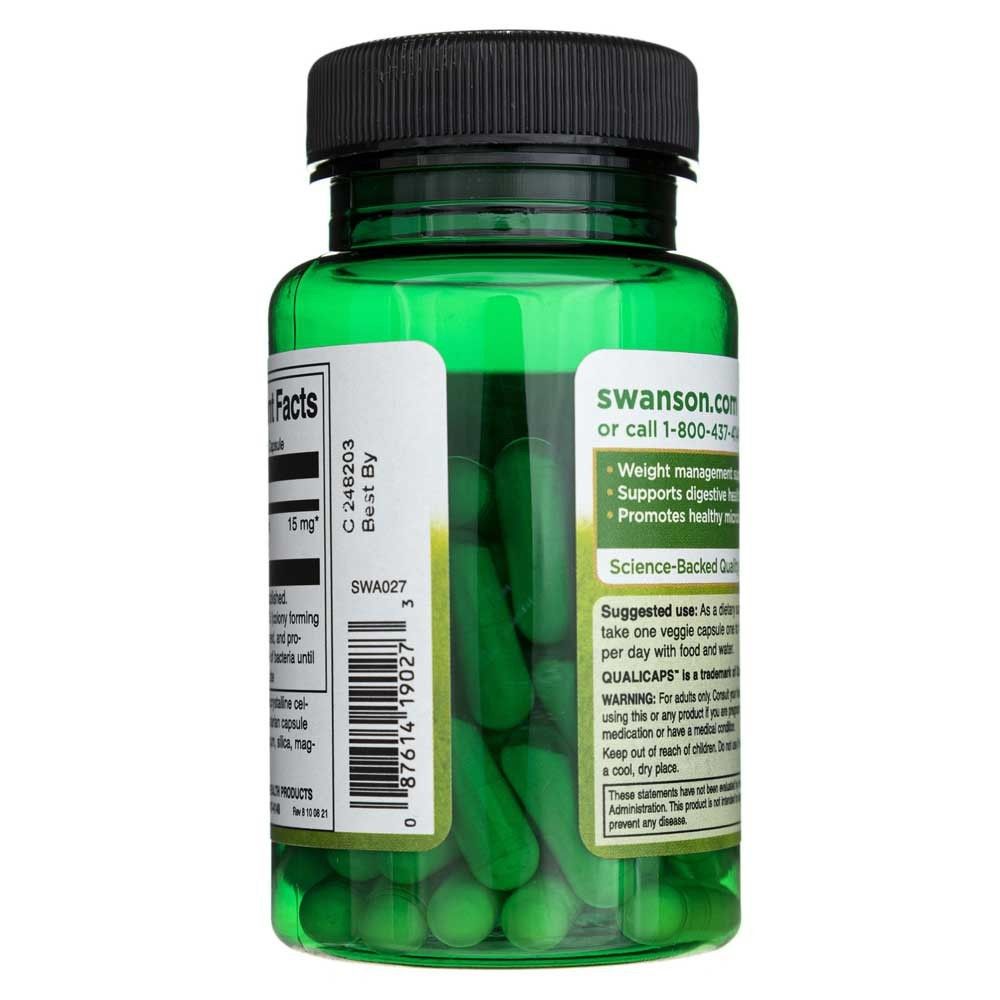 Vue latérale d'une bouteille verte de Swanson Lactobacillus Gasseri avec des capsules visibles.