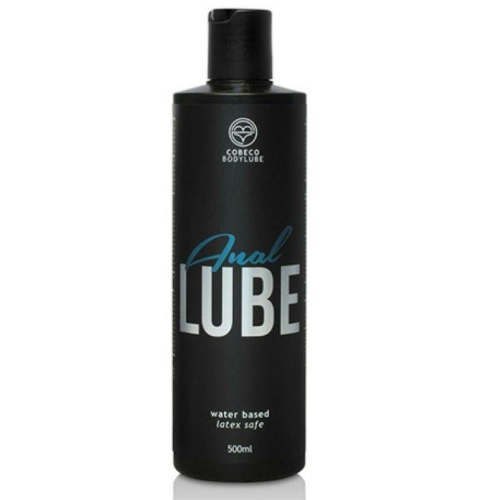 Flacon noir "Anal Lube". Marque Cobeco Bodylube. À base d'eau, sans latex. 500ml.