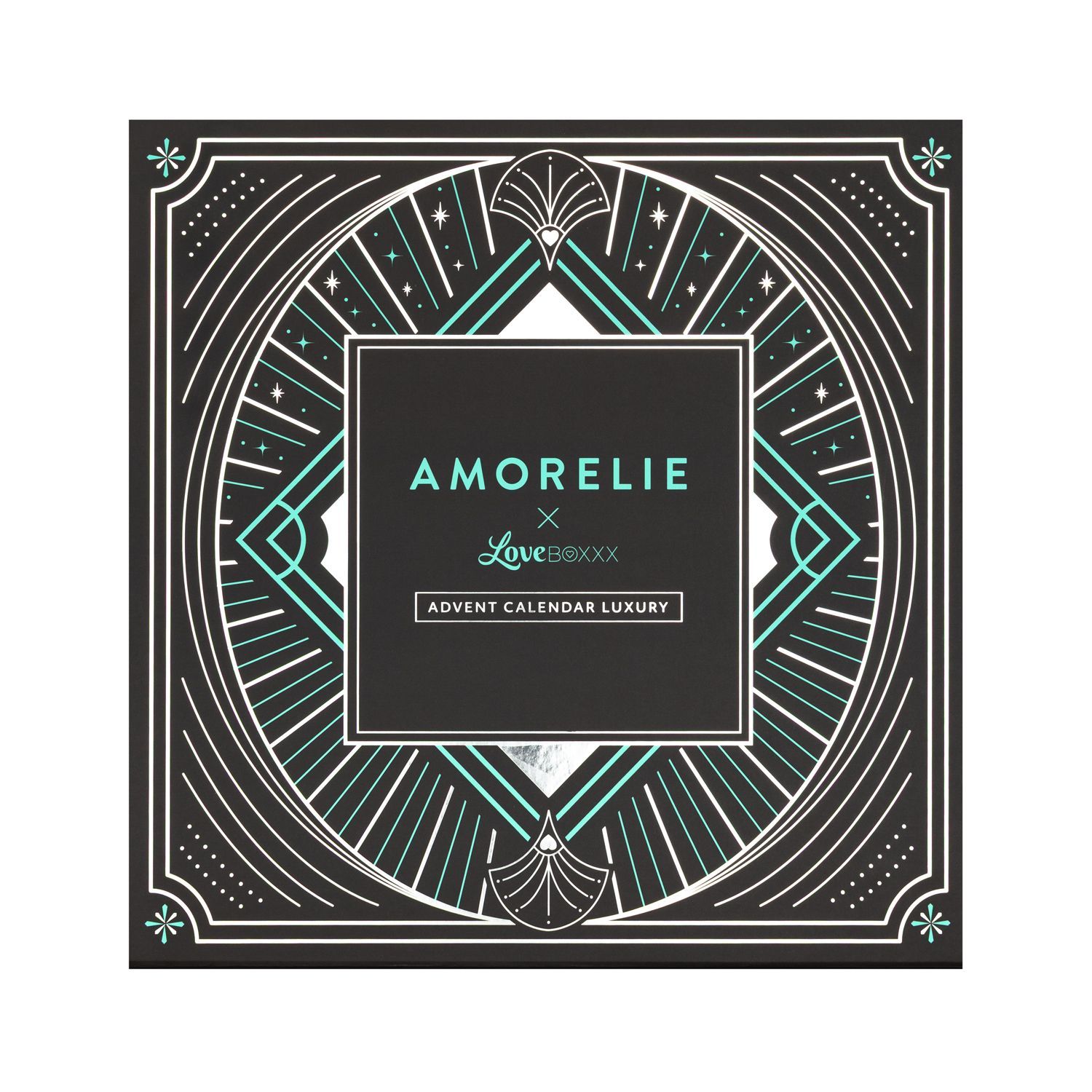 Zwarte vierkante adventskalenderbox met geometrisch patroon en AMORELIE-logo. Tekst: ADVENT CALENDAR LUXURY.