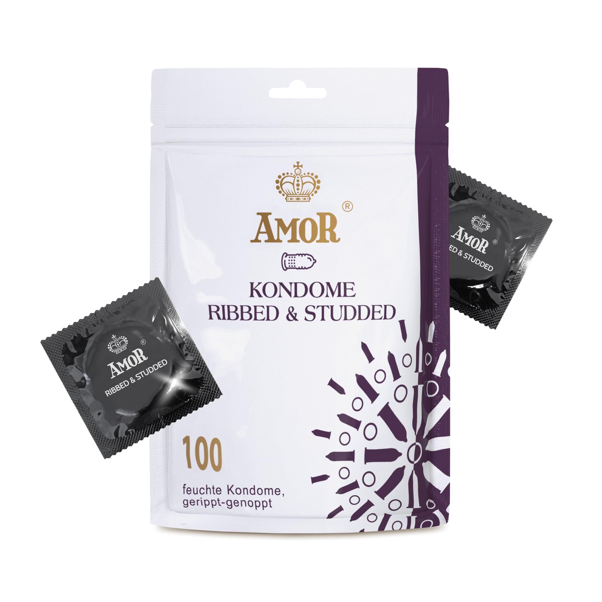 Préservatifs Amor Ribbed & Studded, 100 pièces en sachet.